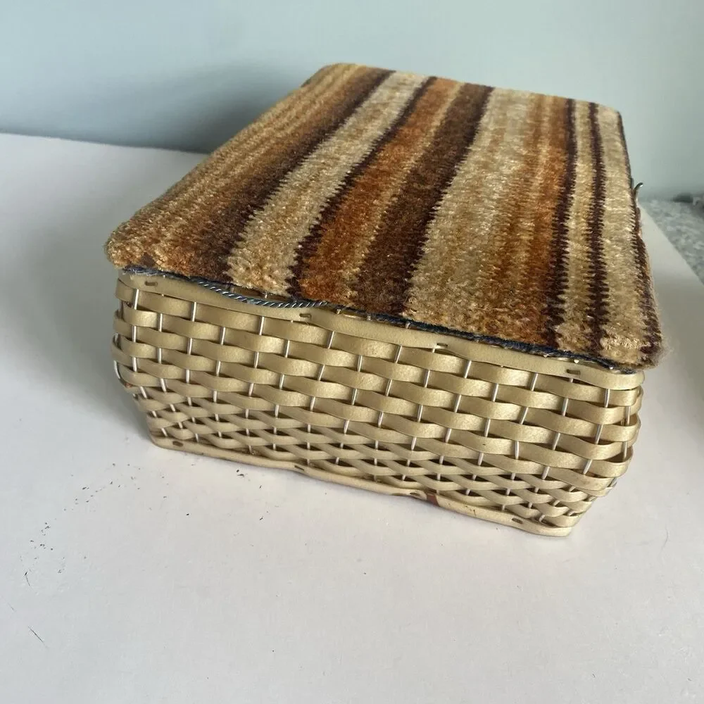 Vintage Woven Wicker  Sewing Basket Box W Carpet Tapestry Lid Wooden